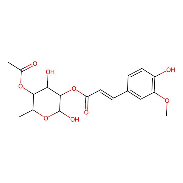 2D Structure of (5-Acetyloxy-2,4-dihydroxy-6-methyloxan-3-yl) 3-(4-hydroxy-3-methoxyphenyl)prop-2-enoate 2D Structure of (5-Acetyloxy-2,4-dihydroxy-6-methyloxan-3-yl) 3-(4-hydroxy-3-methoxyphenyl)prop-2-enoate