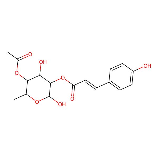 2D Structure of (5-Acetyloxy-2,4-dihydroxy-6-methyloxan-3-yl) 3-(4-hydroxyphenyl)prop-2-enoate 2D Structure of (5-Acetyloxy-2,4-dihydroxy-6-methyloxan-3-yl) 3-(4-hydroxyphenyl)prop-2-enoate