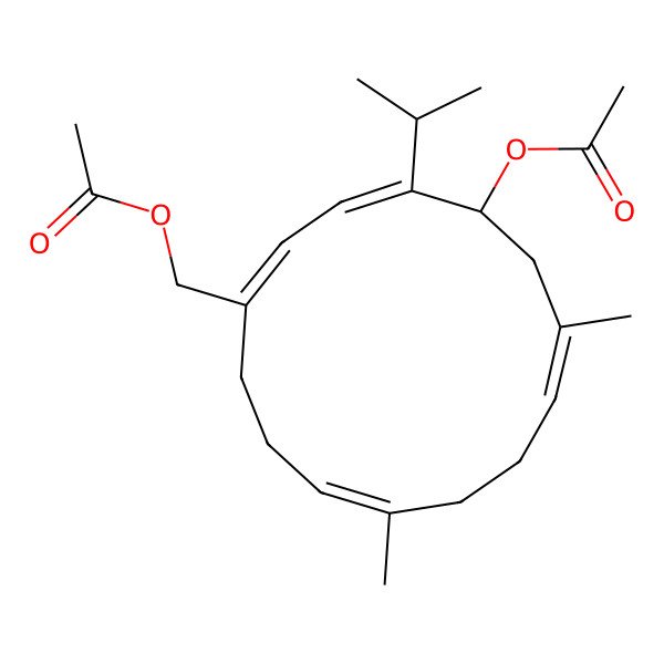 2D Structure of (5-Acetyloxy-7,11-dimethyl-4-propan-2-ylcyclotetradeca-1,3,7,11-tetraen-1-yl)methyl acetate
