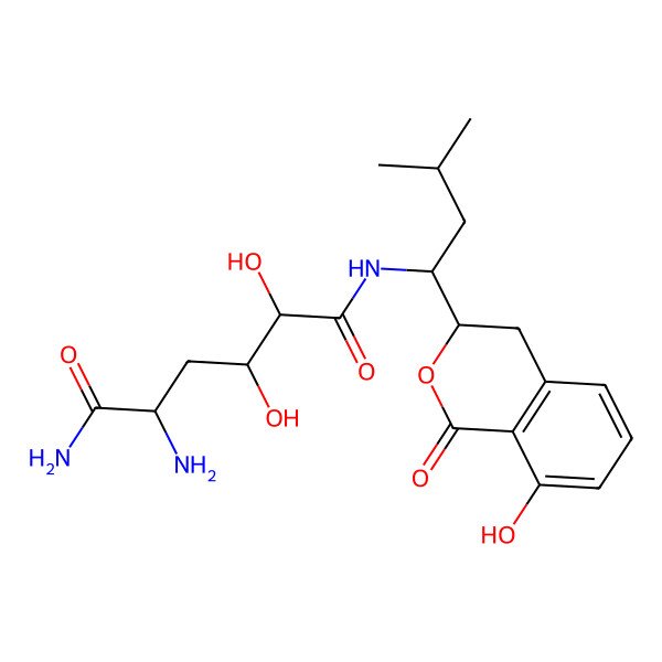 2D Structure of 5-amino-2,3-dihydroxy-N-[1-(8-hydroxy-1-oxo-3,4-dihydroisochromen-3-yl)-3-methylbutyl]hexanediamide