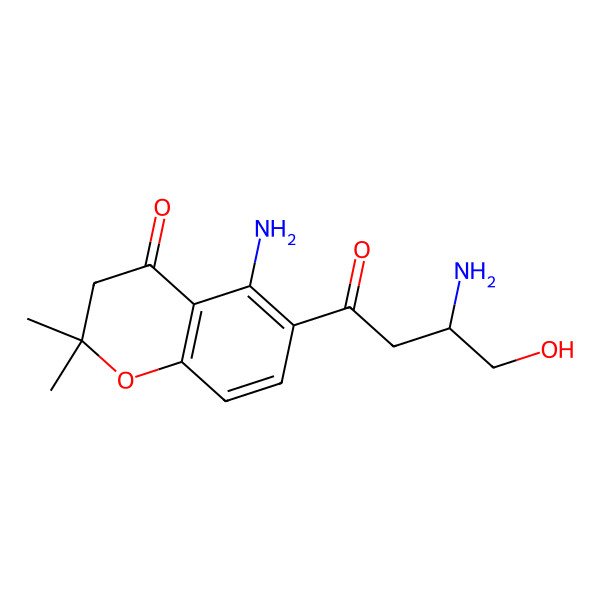 2D Structure of 5-amino-6-[(3S)-3-amino-4-hydroxybutanoyl]-2,2-dimethyl-3H-chromen-4-one