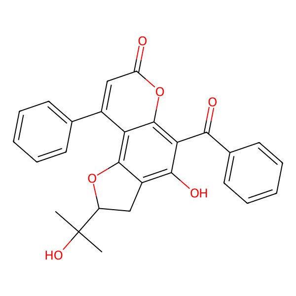 2D Structure of 5-Benzoyl-4-hydroxy-2-(2-hydroxypropan-2-yl)-9-phenyl-2,3-dihydrofuro[2,3-f]chromen-7-one