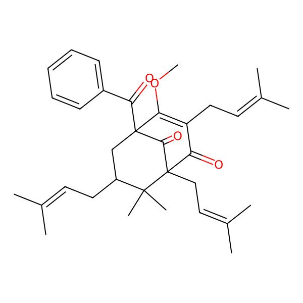 2D Structure of 5-Benzoyl-4-methoxy-8,8-dimethyl-1,3,7-tris(3-methylbut-2-enyl)bicyclo[3.3.1]non-3-ene-2,9-dione