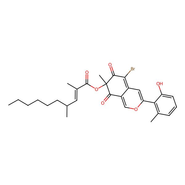 2D Structure of [5-Bromo-3-(2-hydroxy-6-methylphenyl)-7-methyl-6,8-dioxoisochromen-7-yl] 2,4-dimethyldec-2-enoate