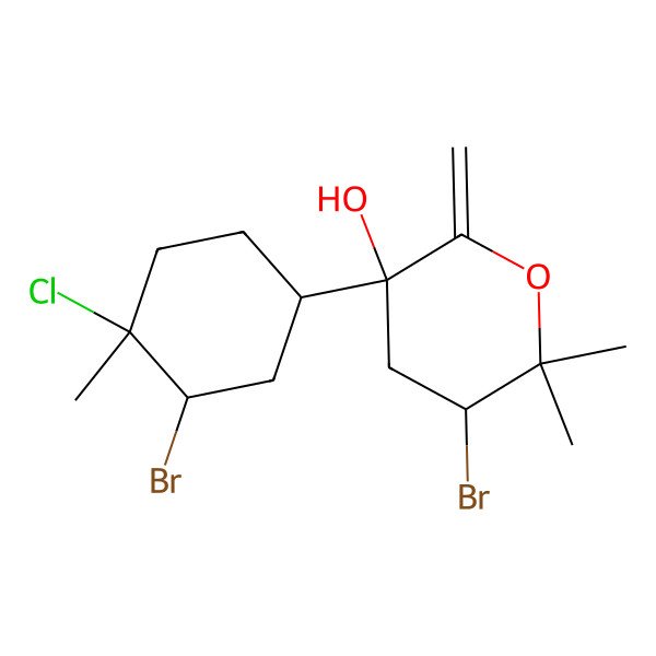 2D Structure of 5-Bromo-3-(3-bromo-4-chloro-4-methylcyclohexyl)-6,6-dimethyl-2-methylideneoxan-3-ol