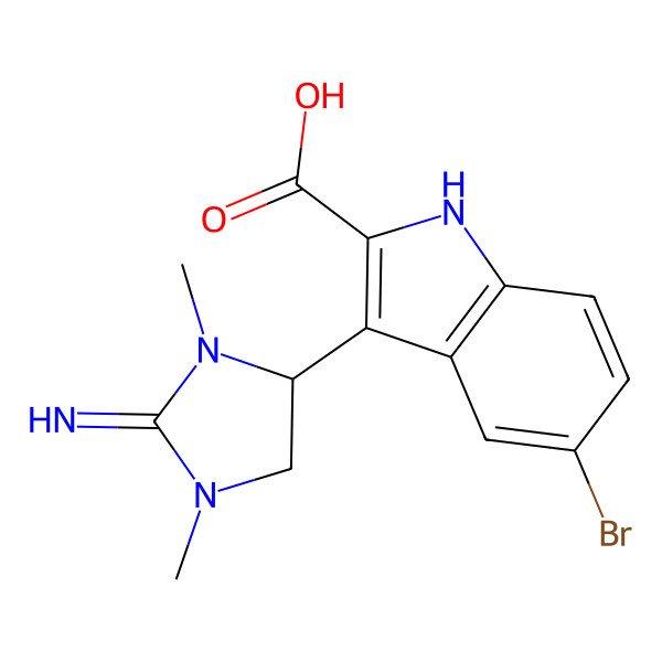 2D Structure of 5-bromo-3-[(4R)-2-imino-1,3-dimethylimidazolidin-4-yl]-1H-indole-2-carboxylic acid