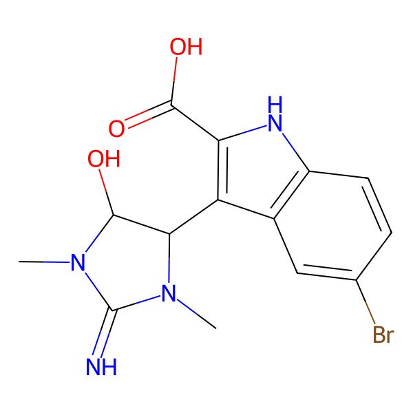 2D Structure of 5-bromo-3-[(4S,5R)-5-hydroxy-2-imino-1,3-dimethylimidazolidin-4-yl]-1H-indole-2-carboxylic acid