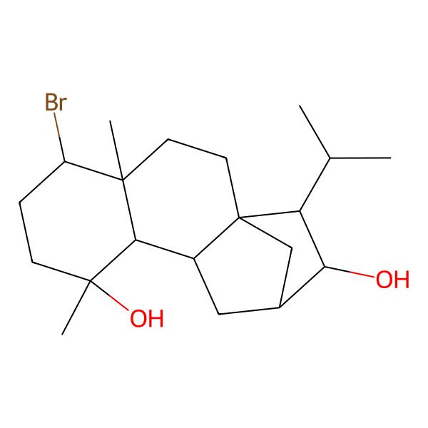2D Structure of 5-Bromo-4,8-dimethyl-14-propan-2-yltetracyclo[10.2.1.01,10.04,9]pentadecane-8,13-diol