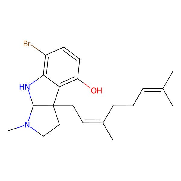 2D Structure of 5-Bromo-8b-(3,7-dimethylocta-2,6-dienyl)-3-methyl-1,2,3a,4-tetrahydropyrrolo[2,3-b]indol-8-ol