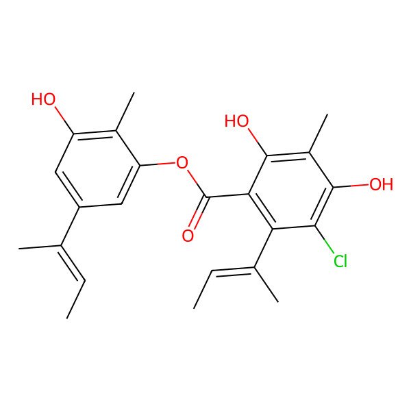 2D Structure of (5-But-2-en-2-yl-3-hydroxy-2-methylphenyl) 2-but-2-en-2-yl-3-chloro-4,6-dihydroxy-5-methylbenzoate