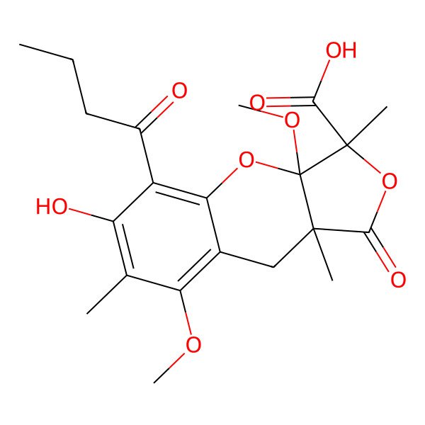 2D Structure of 5-butanoyl-6-hydroxy-3a,8-dimethoxy-3,7,9a-trimethyl-1-oxo-9H-furo[3,4-b]chromene-3-carboxylic acid