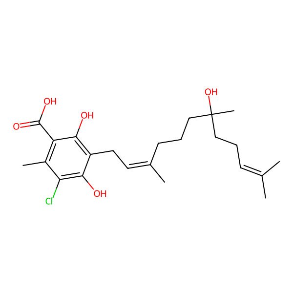 2D Structure of 5-Chloro-2,4-dihydroxy-3-(7-hydroxy-3,7,11-trimethyldodeca-2,10-dienyl)-6-methylbenzoic acid