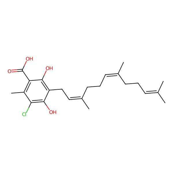 2D Structure of 5-chloro-2,4-dihydroxy-6-methyl-3-[(2E,6E)-3,7,11-trimethyldodeca-2,6,10-trienyl]benzoic acid