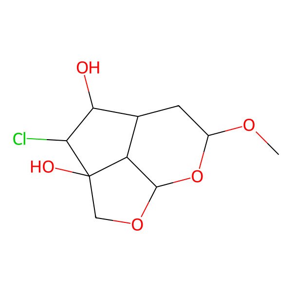 2D Structure of 5-Chloro-9-methoxy-2,10-dioxatricyclo[5.3.1.04,11]undecane-4,6-diol