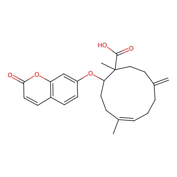 2D Structure of 5-Cycloundecene-1-carboxylic acid, 1,5-dimethyl-9-methylene-2-((2-oxo-2H-1-benzopyran-7-yl)oxy)- 2D Structure of 5-Cycloundecene-1-carboxylic acid, 1,5-dimethyl-9-methylene-2-((2-oxo-2H-1-benzopyran-7-yl)oxy)-