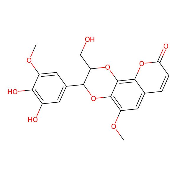 2D Structure of (2S,3S)-3-(3,4-dihydroxy-5-methoxyphenyl)-2-(hydroxymethyl)-5-methoxy-2,3-dihydropyrano[3,2-h][1,4]benzodioxin-9-one