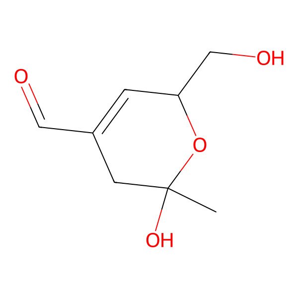 2D Structure of 5-dihydro-4-formyl-6-hydroxy-2-hydroxymethyl-6-methyl-2H-pyran