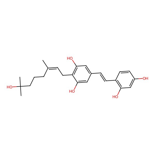 2D Structure of 5-[(E)-2-(2,4-dihydroxyphenyl)ethenyl]-2-[(E)-7-hydroxy-3,7-dimethyloct-2-enyl]benzene-1,3-diol