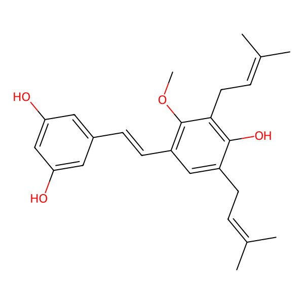 2D Structure of 5-[(E)-2-[4-hydroxy-2-methoxy-3,5-bis(3-methylbut-2-enyl)phenyl]ethenyl]benzene-1,3-diol