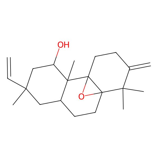 2D Structure of 5-Ethenyl-2,5,11,11-tetramethyl-12-methylidene-15-oxatetracyclo[8.4.1.01,10.02,7]pentadecan-3-ol
