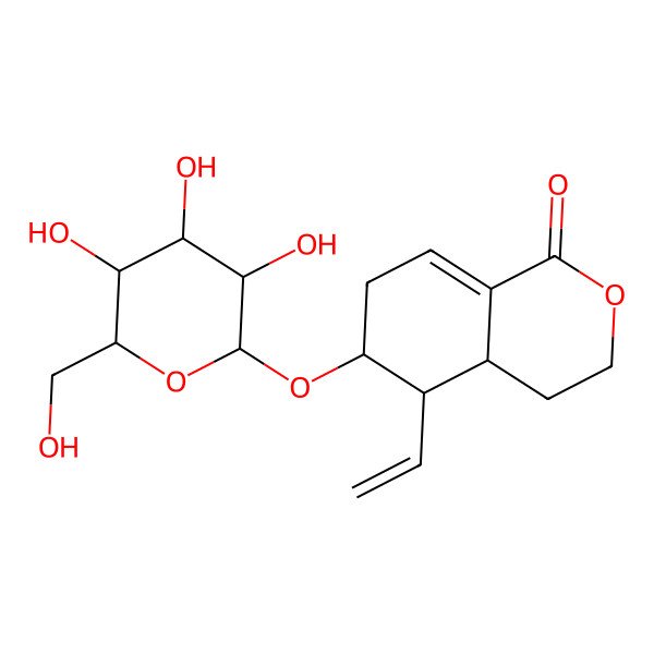 2D Structure of 5-Ethenyl-6-[3,4,5-trihydroxy-6-(hydroxymethyl)oxan-2-yl]oxy-3,4,4a,5,6,7-hexahydroisochromen-1-one