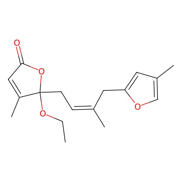 2D Structure of 5-ethoxy-4-methyl-5-[(E)-3-methyl-4-(4-methylfuran-2-yl)but-2-enyl]furan-2-one