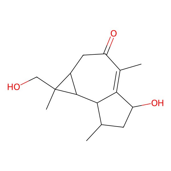 2D Structure of 5-hydroxy-1-(hydroxymethyl)-1,4,7-trimethyl-2,5,6,7,7a,7b-hexahydro-1aH-cyclopropa[e]azulen-3-one