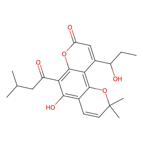 2D Structure of 5-Hydroxy-10-(1-hydroxypropyl)-2,2-dimethyl-6-(3-methylbutanoyl)pyrano[2,3-f]chromen-8-one