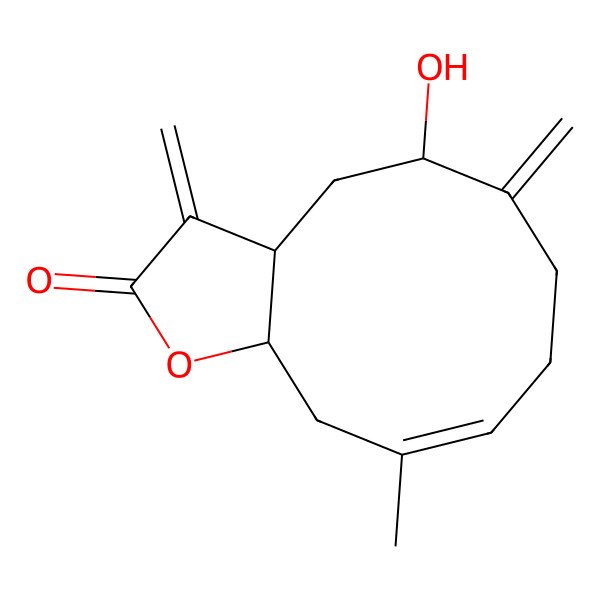 2D Structure of 5-hydroxy-10-methyl-3,6-dimethylidene-4,5,7,8,11,11a-hexahydro-3aH-cyclodeca[b]furan-2-one