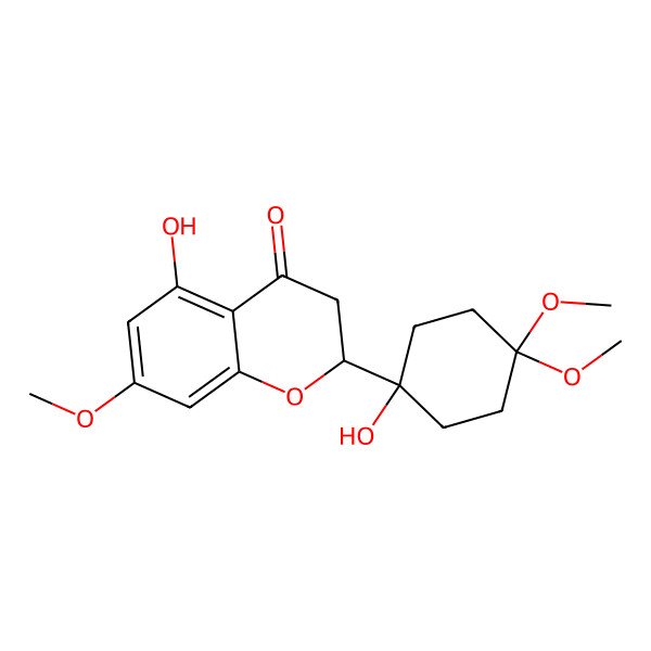 2D Structure of 5-Hydroxy-2-(1-hydroxy-4,4-dimethoxycyclohexyl)-7-methoxy-2,3-dihydrochromen-4-one 2D Structure of 5-Hydroxy-2-(1-hydroxy-4,4-dimethoxycyclohexyl)-7-methoxy-2,3-dihydrochromen-4-one