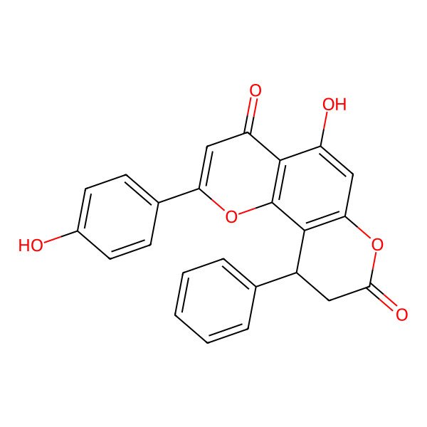 2D Structure of 5-Hydroxy-2-(4-hydroxyphenyl)-10-phenyl-9,10-dihydropyrano[2,3-f]chromene-4,8-dione