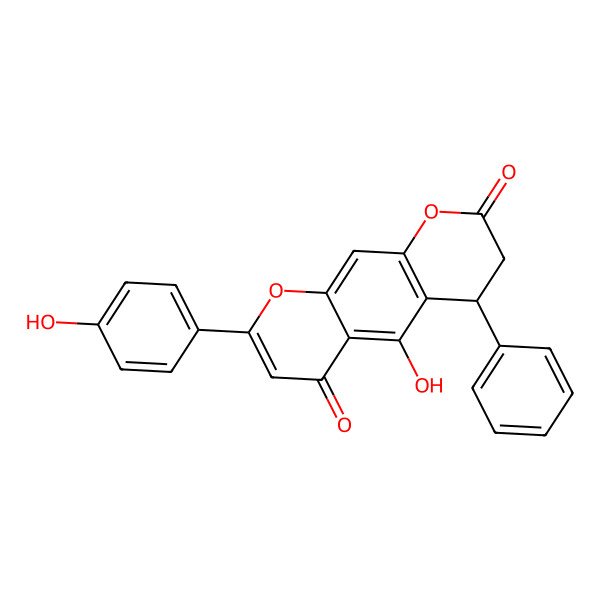 2D Structure of 5-Hydroxy-2-(4-hydroxyphenyl)-6-phenyl-6,7-dihydropyrano[3,2-g]chromene-4,8-dione