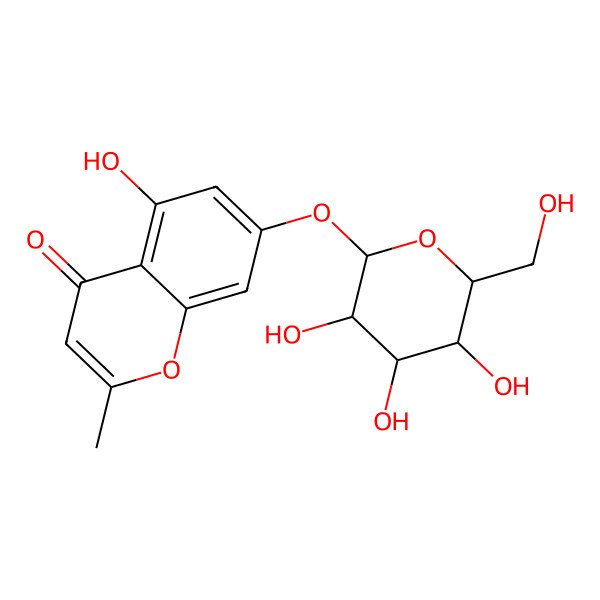 2D Structure of 5-hydroxy-2-methyl-7-[(2R,3R,4S,5S,6R)-3,4,5-trihydroxy-6-(hydroxymethyl)oxan-2-yl]oxychromen-4-one