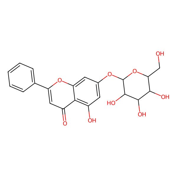 2D Structure of 5-hydroxy-2-phenyl-7-[(2S,3R,4S,5S,6S)-3,4,5-trihydroxy-6-(hydroxymethyl)oxan-2-yl]oxychromen-4-one