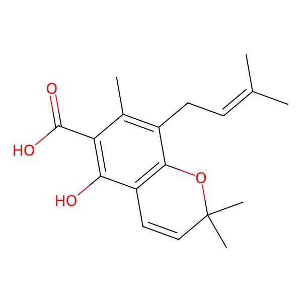 2D Structure of 5-Hydroxy-2,2,7-trimethyl-8-(3-methylbut-2-enyl)chromene-6-carboxylic acid