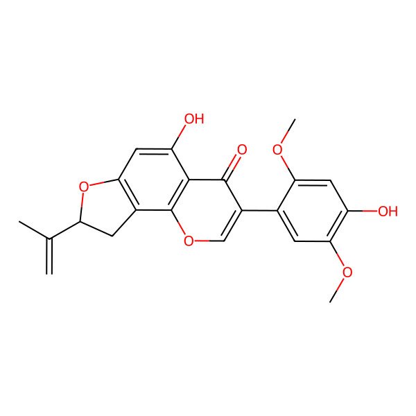 2D Structure of 5-Hydroxy-3-(4-hydroxy-2,5-dimethoxyphenyl)-8-prop-1-en-2-yl-8,9-dihydrofuro[2,3-h]chromen-4-one