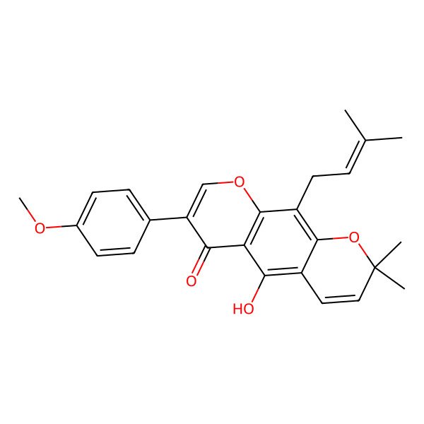 2D Structure of 5-Hydroxy-3-(4-methoxyphenyl)-8,8-dimethyl-10-(3-methylbut-2-en-1-yl)pyrano[3,2-g]chromen-4(8H)-one