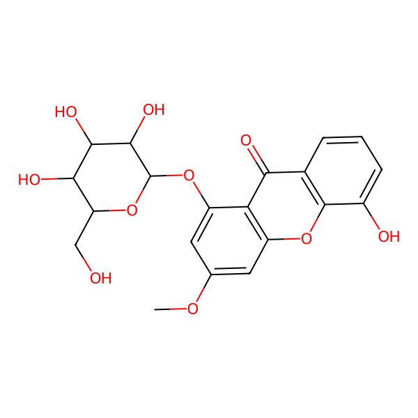 2D Structure of 5-hydroxy-3-methoxy-1-[(2S,3R,4S,5S,6R)-3,4,5-trihydroxy-6-(hydroxymethyl)oxan-2-yl]oxyxanthen-9-one