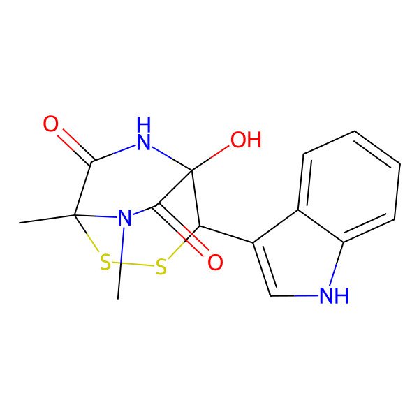 2D Structure of 5-hydroxy-4-(1H-indol-3-yl)-1,8-dimethyl-2,3-dithia-6,8-diazabicyclo[3.2.2]nonane-7,9-dione