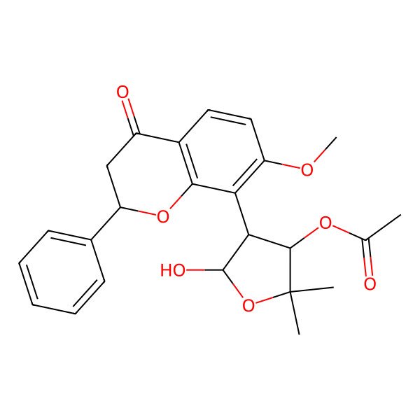 2D Structure of [5-Hydroxy-4-(7-methoxy-4-oxo-2-phenyl-2,3-dihydrochromen-8-yl)-2,2-dimethyloxolan-3-yl] acetate