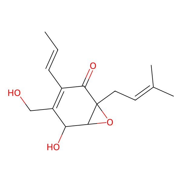 2D Structure of 5-Hydroxy-4-(hydroxymethyl)-1-(3-methylbut-2-enyl)-3-prop-1-enyl-7-oxabicyclo[4.1.0]hept-3-en-2-one