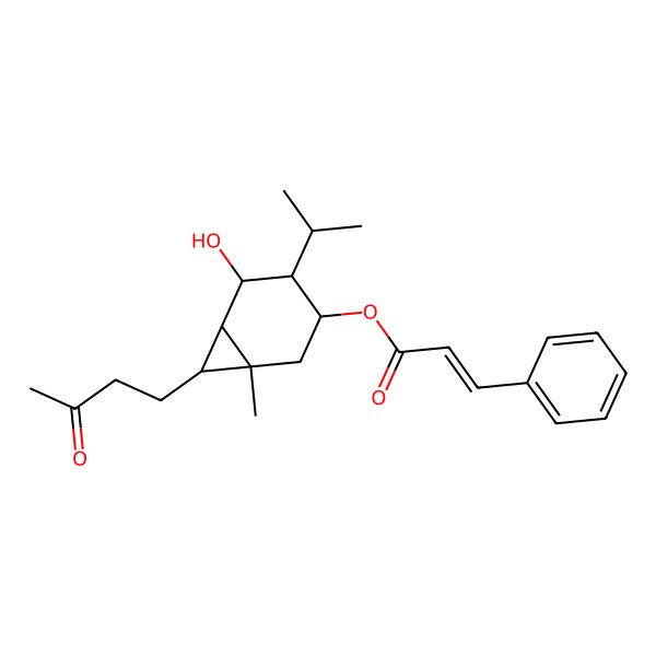2D Structure of 5-Hydroxy-4-isopropyl-1-methyl-7-(3-oxobutyl)bicyclo[4.1.0]hept-3-yl cinnamate