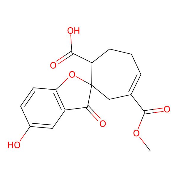 2D Structure of 5-Hydroxy-4'-methoxycarbonyl-3-oxospiro[1-benzofuran-2,2'-cyclohept-4-ene]-1'-carboxylic acid