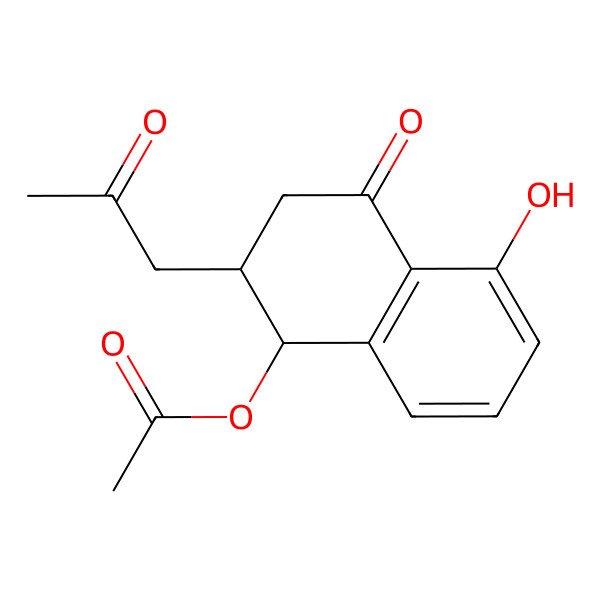 2D Structure of 5-Hydroxy-4-oxo-2-(2-oxopropyl)-1,2,3,4-tetrahydronaphthalen-1-yl acetate
