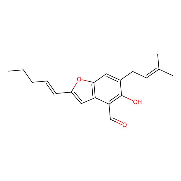 2D Structure of 5-Hydroxy-6-(3-methylbut-2-enyl)-2-(pent-1-enyl) benzofuran-4-carbaldehyde