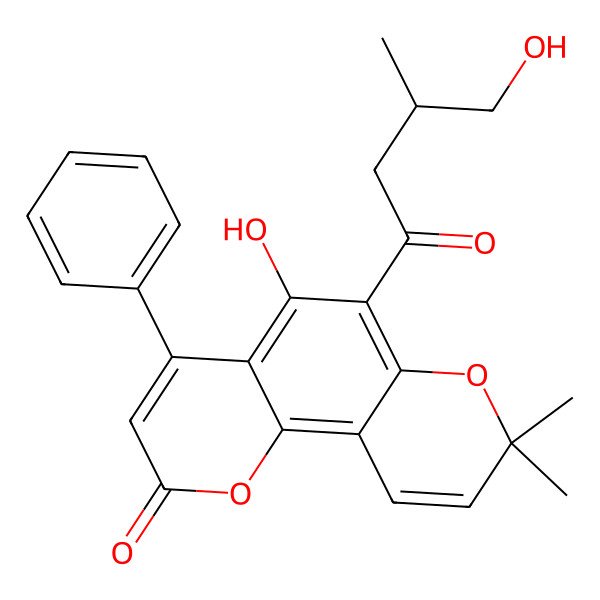 2D Structure of 5-hydroxy-6-[(3S)-4-hydroxy-3-methylbutanoyl]-8,8-dimethyl-4-phenylpyrano[2,3-h]chromen-2-one