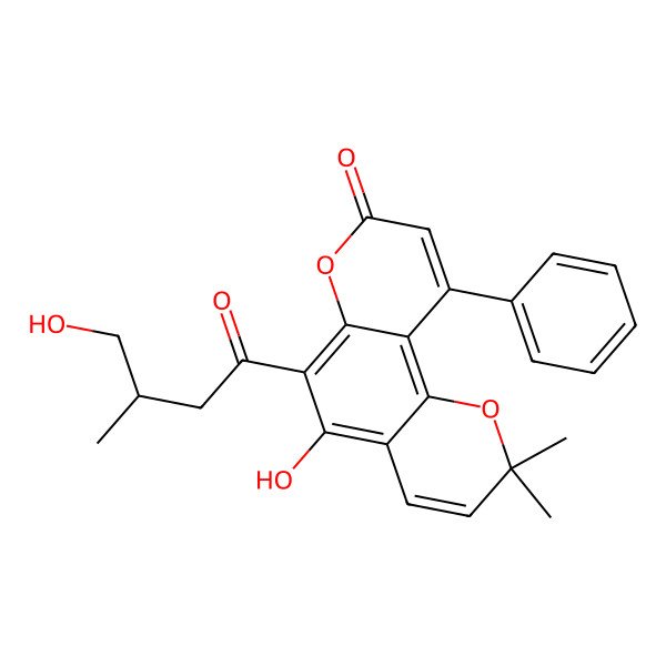 2D Structure of 5-Hydroxy-6-(4-hydroxy-3-methylbutanoyl)-2,2-dimethyl-10-phenylpyrano[2,3-f]chromen-8-one