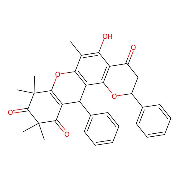 2D Structure of 5-hydroxy-6,8,8,10,10-pentamethyl-2,12-diphenyl-3,12-dihydro-2H-pyrano[2,3-a]xanthene-4,9,11-trione