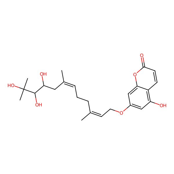 2D Structure of 5-hydroxy-7-[(2E,6E,9S,10R)-9,10,11-trihydroxy-3,7,11-trimethyldodeca-2,6-dienoxy]chromen-2-one