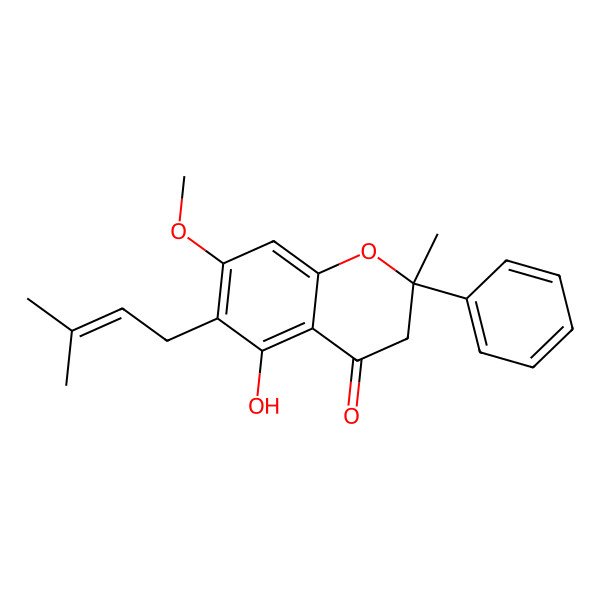 2D Structure of 5-hydroxy-7-methoxy-2-methyl-6-(3-methylbut-2-enyl)-2-phenyl-3H-chromen-4-one